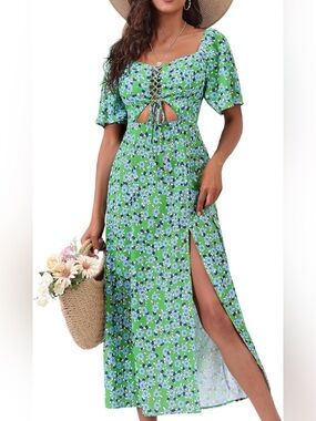 Green Floral women’s Midi Dress with cut-out tie front detail and leg slit